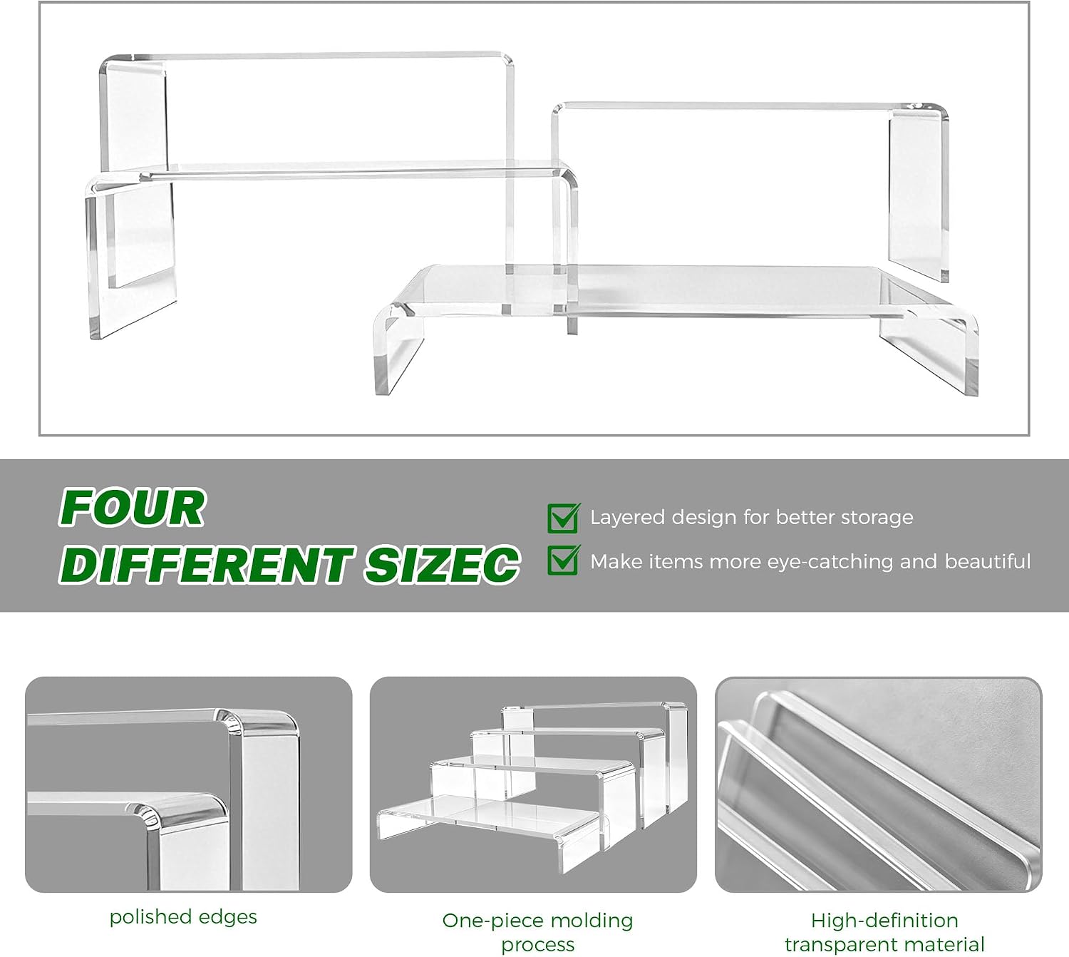4-Pack Clear Acrylic Riser Stands – Tiered Rectangular Display Shelves for Perfume, Figures & Jewelry, 4 Graduated