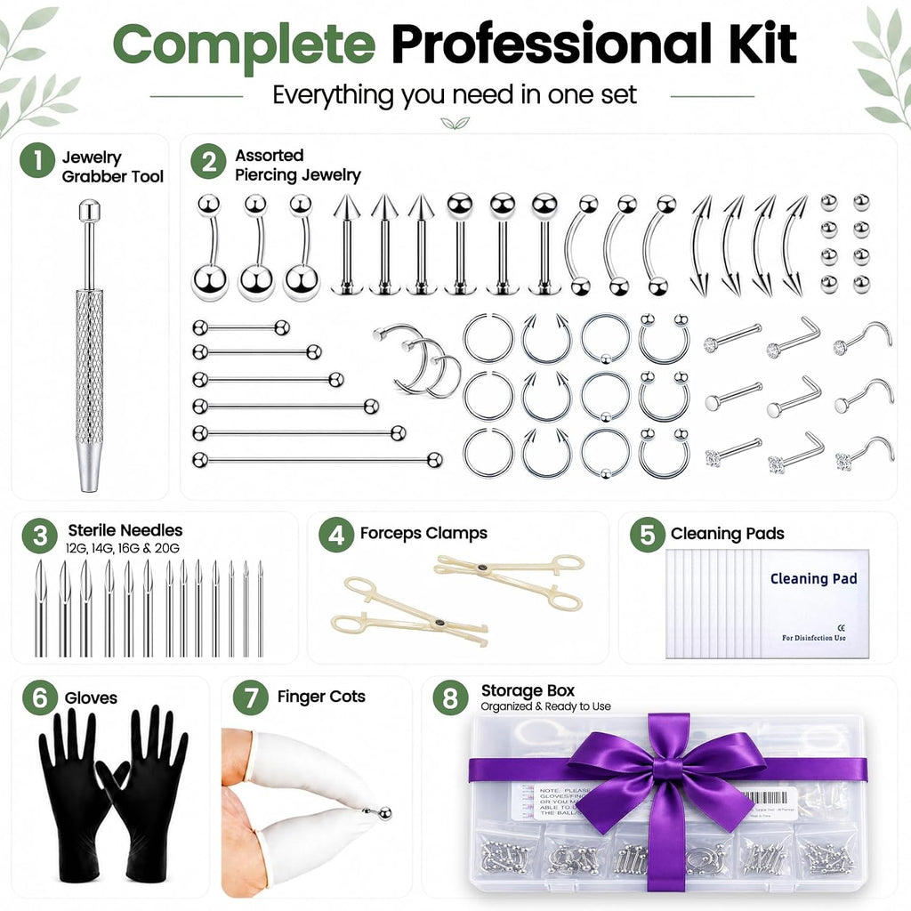 Body Piercing Kit with Piercing Jewelry, Complete 91PCS Set