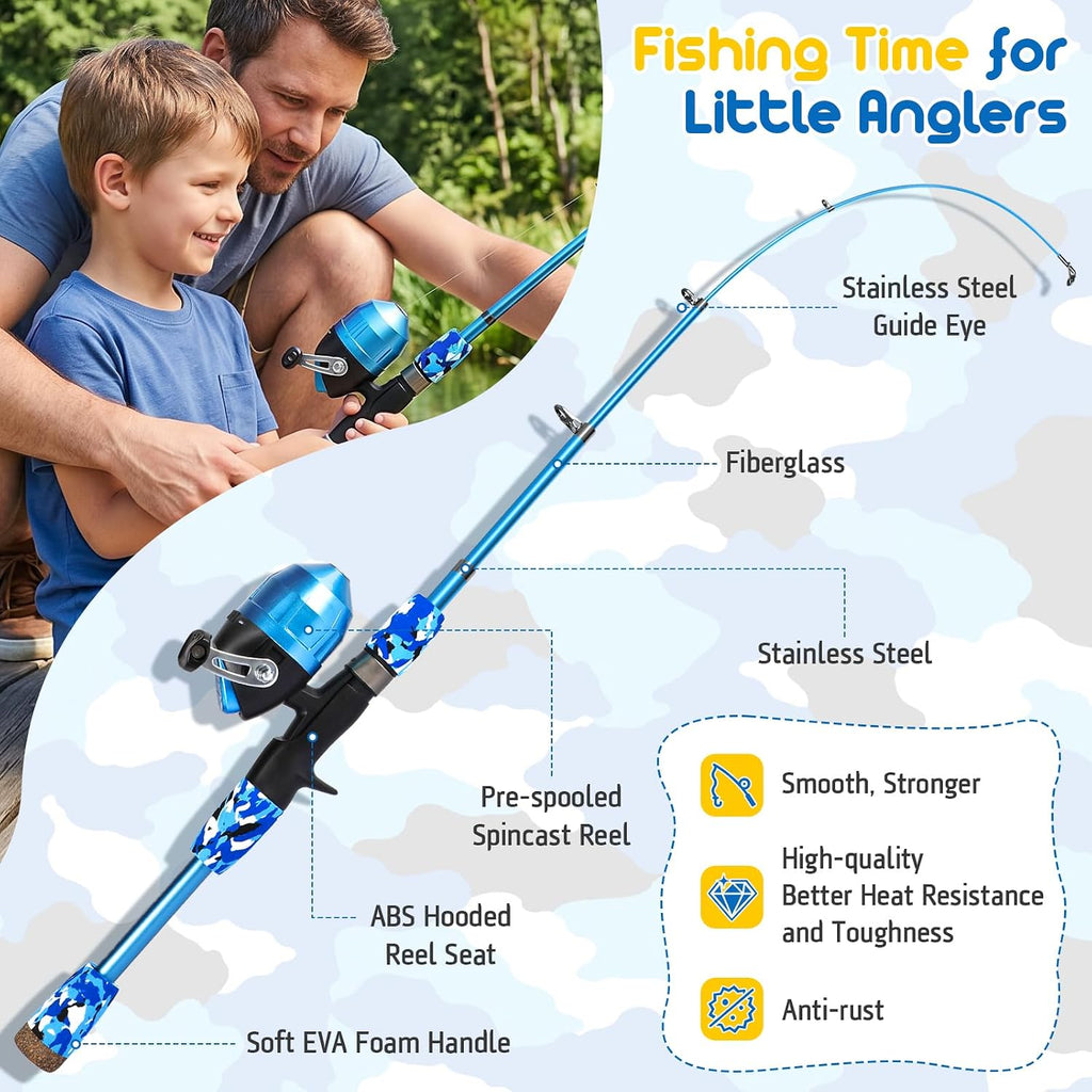 Kids Fishing Pole, Telescopic Fishing Rod and Reel Combo, Fishing Gear Kit with Backpack, Tackle Box, Spincast Reel