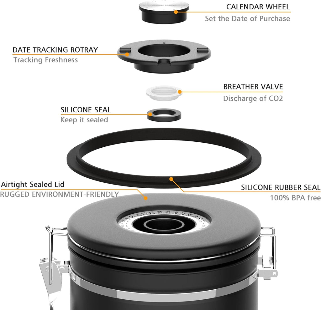 Coffee canister for ground coffee with Scoop Date Tracker One Way Co2 Valve 304 Stainless Steel Kitchen Food Airtight