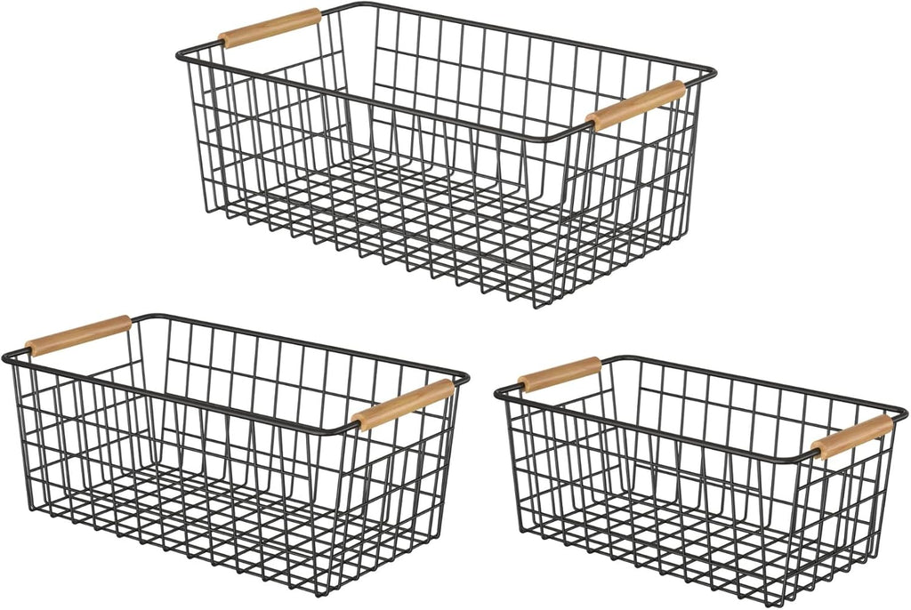 Wire Storage Baskets with Wooden Handles, 3 Pack Metal Organizer Baskets for Kitchen, Pantry, Freezer