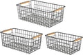 Wire Storage Baskets with Wooden Handles, 3 Pack Metal Organizer Baskets for Kitchen, Pantry, Freezer