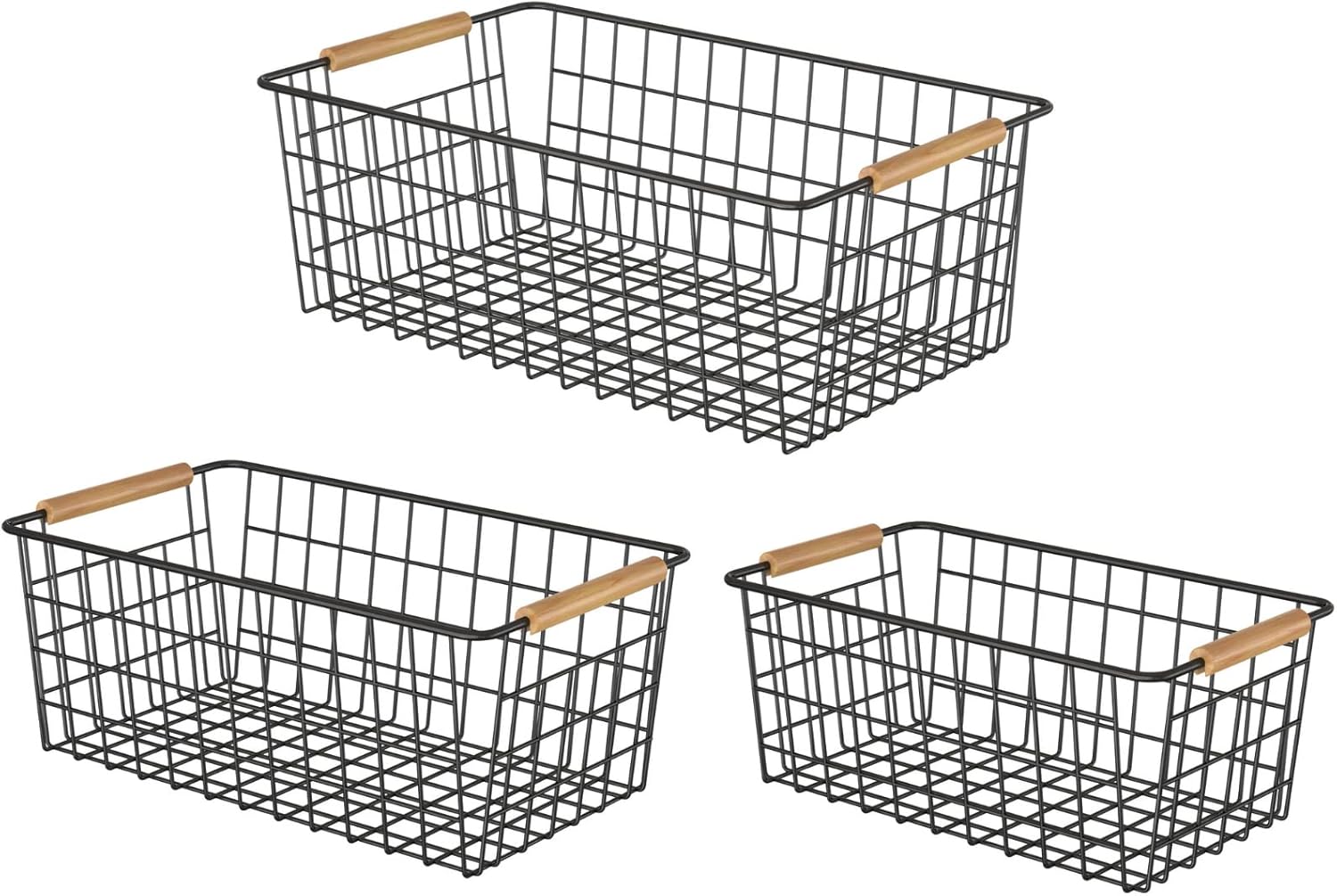 Wire Storage Baskets with Wooden Handles, 3 Pack Metal Organizer Baskets for Kitchen, Pantry, Freezer