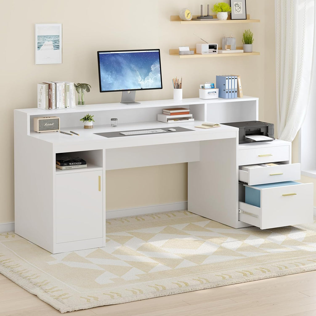 Computer Desk with 3 Drawer & Storage Shelves, Home Office Desk with File Drawer & Cabinet, Writing Study Table with