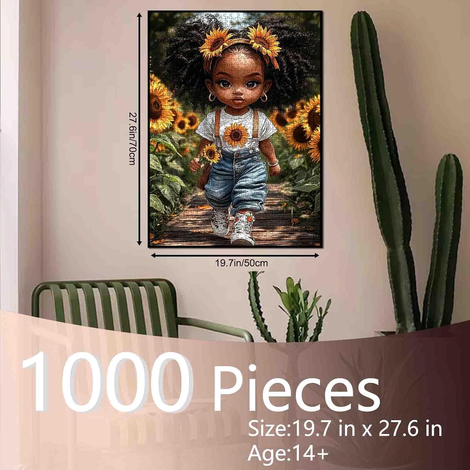 Sunflower African Girl Jigsaw Puzzle for Adults 1000 Pieces, Cute Afro Curly Hair Girl Puzzles Colorful Floral Art