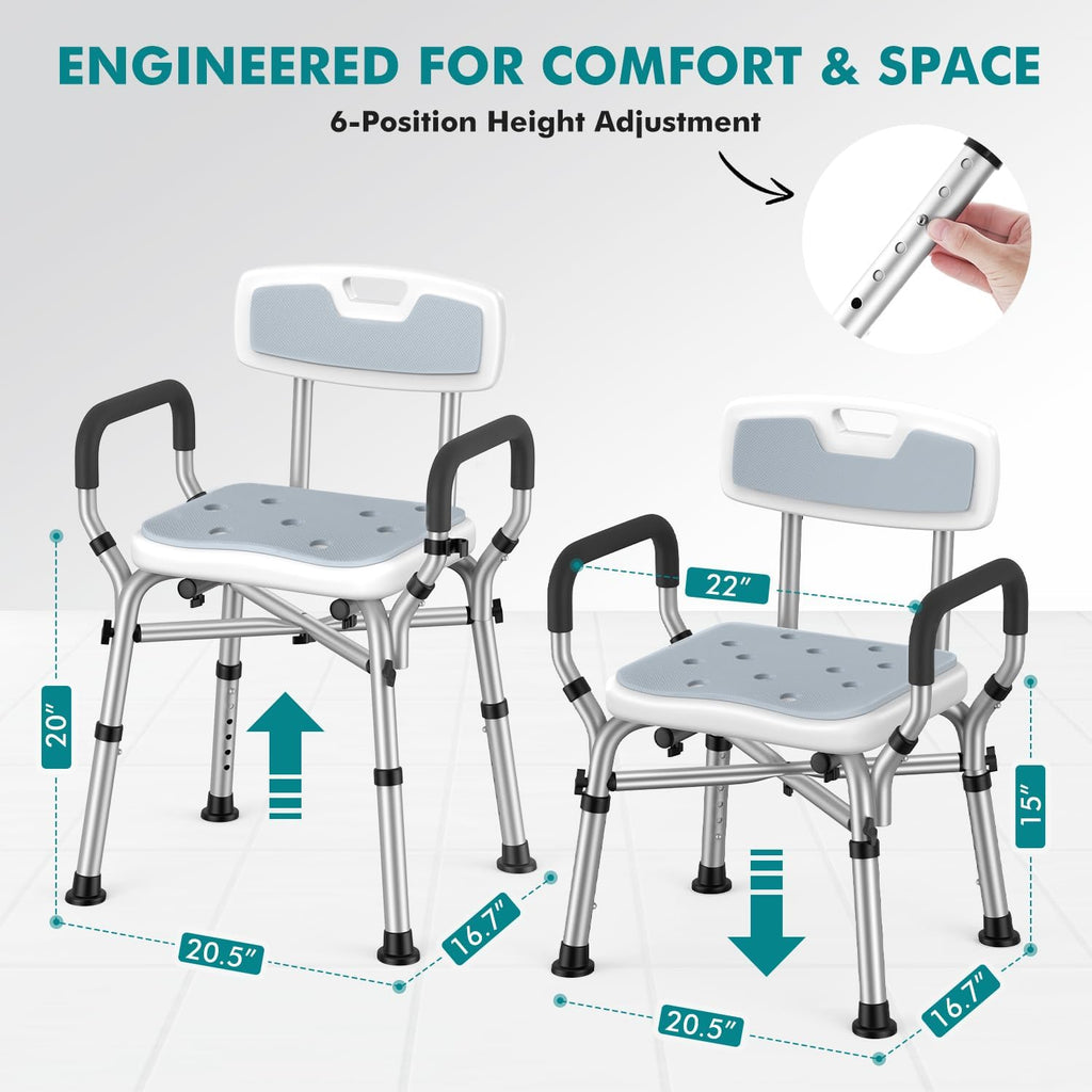 Shower Chair with Removable Arms and Back for Elderly & Disabled, 550 lbs Shower Chair for Inside Shower, 6-Height