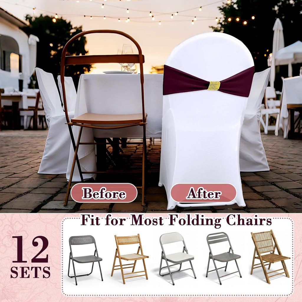 24 Pack Chair Covers with Sashes Spandex Stretch, Wine Red