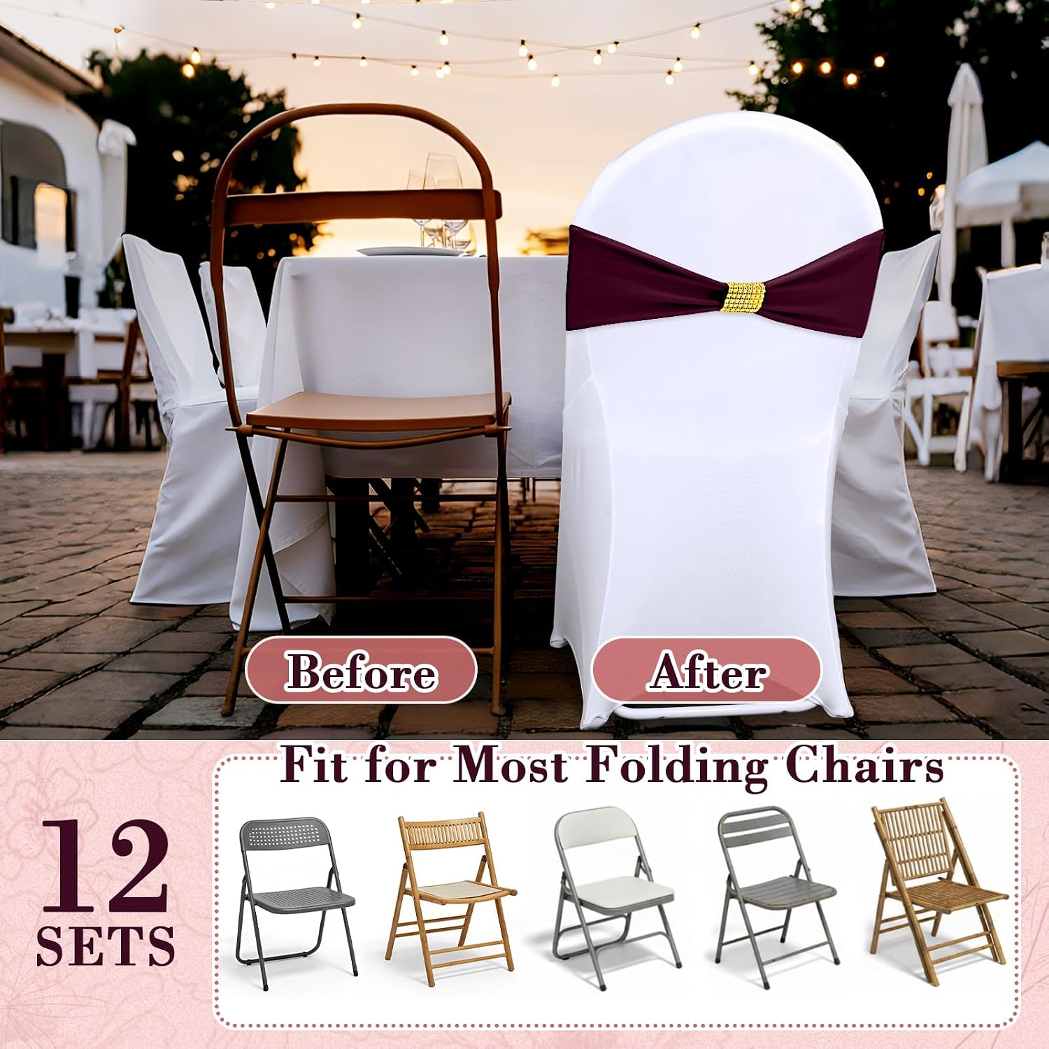 24 Pack Chair Covers with Sashes Spandex Stretch, Wine Red