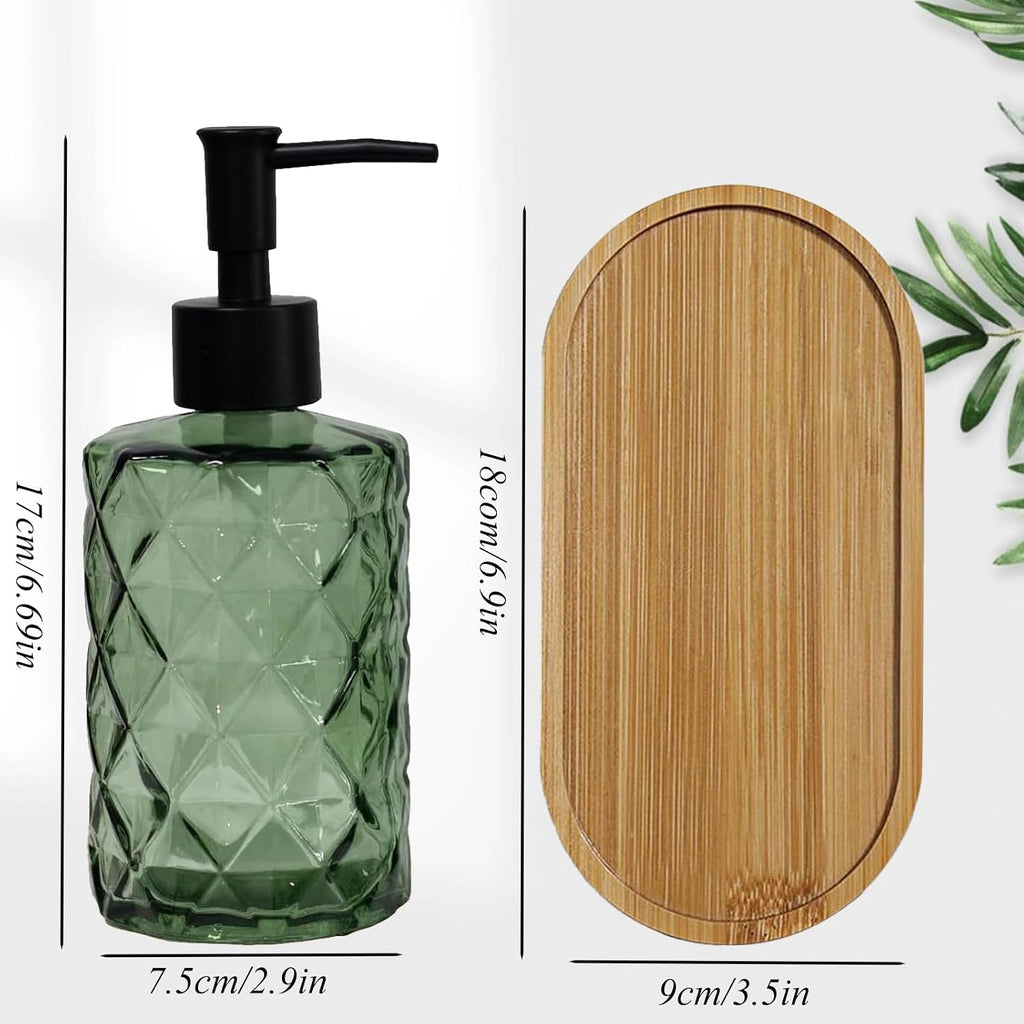 12oz Green Glass Hand and Dish Soap Dispenser Set, Diamond Design, Set of 2 | Bathroom Soap Dispenser with Plastic