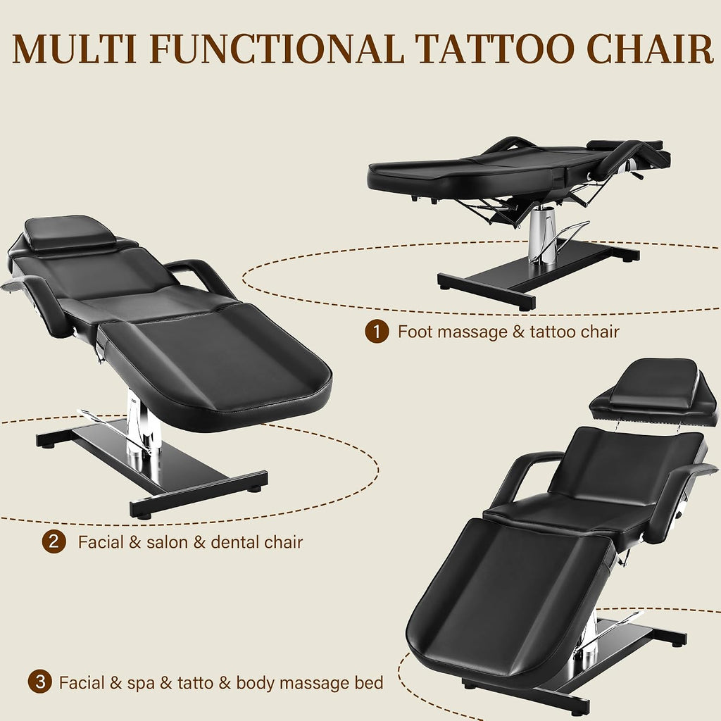 Facial Tattoo Chair for Client, Hydraulic Esthetician Lash Bed with Rolling Stool, 360° Swivel Adjustable Headrest