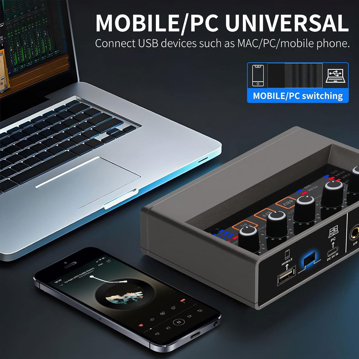 USB Audio Interface for PC with Touch Model 16 bit/48 kHz, DSP Effect, 48V Phantom Power XLR Audio Interface for