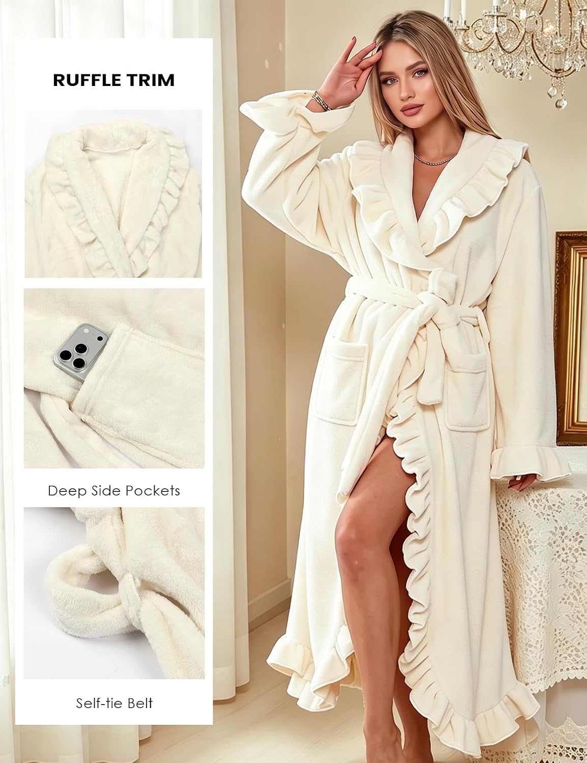 Womens Fluffy Robe Ruffle Fuzzy Warm Long Bathrobes