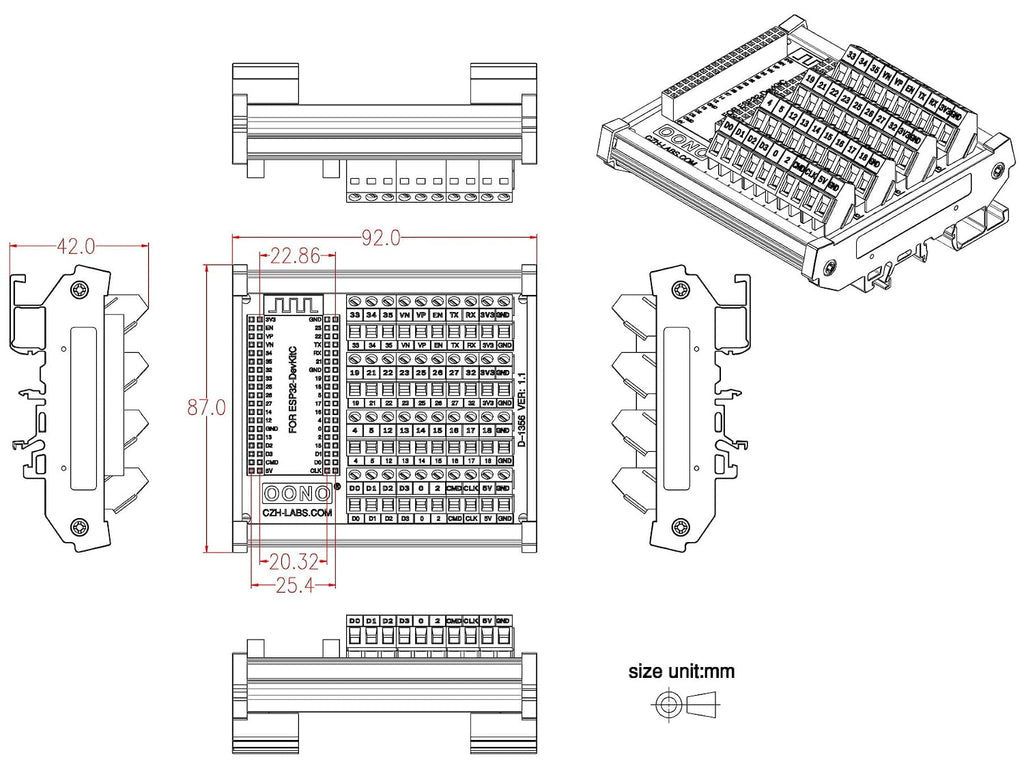 DIN Rail Mount Screw Terminal Block Breakout Module Board for ESP32-DevKitC