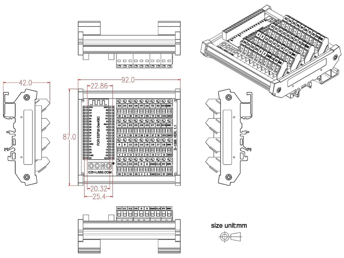 DIN Rail Mount Screw Terminal Block Breakout Module Board for ESP32-DevKitC