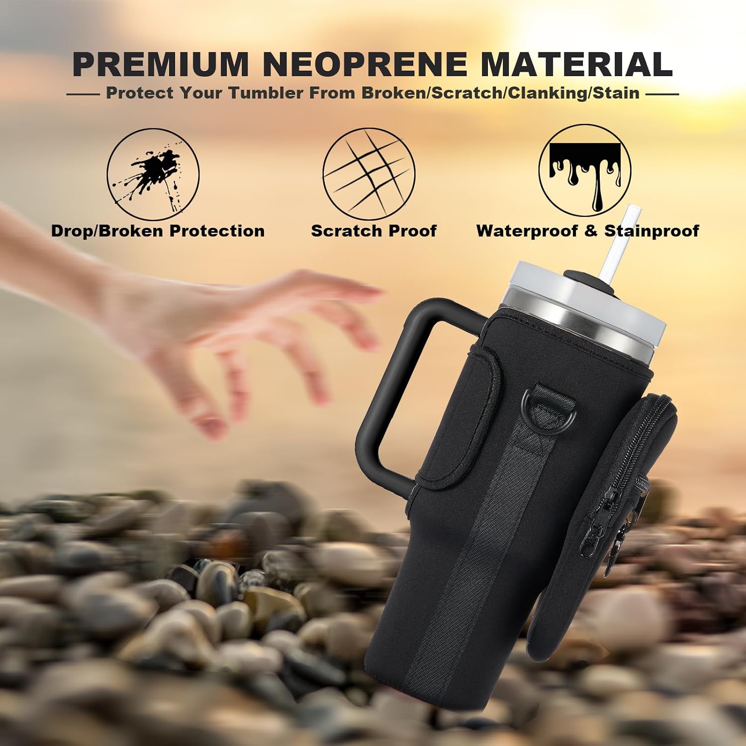 Water Bottle Carrier Bag with Phone Pocket for Stanley 40 & 30 oz Tumbler with Handle,Pink Insulated Neoprene Cup