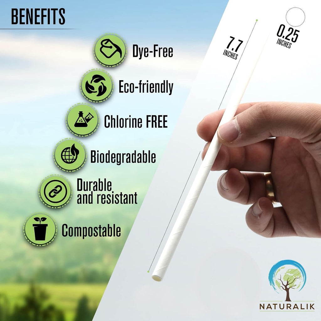 1000-Pack White Biodegradable Paper Straws Extra Durable Dye-Free- Premium Eco-Friendly Paper Straws Bulk - Drinking