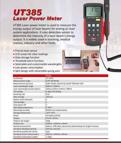 UNI-T Uni-Trend Laser Multimeter UT385 LCD Screen Laser Power Meter Analyzer Data Logger Precision Laser Sensor with Split Spring