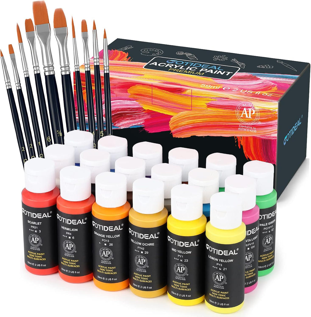 Acrylic Paint Set with 10 Brushes, 18 Colors Outdoor/Indoor (59ml, 2 oz) Art Craft Paint Non Toxic, Perfect for