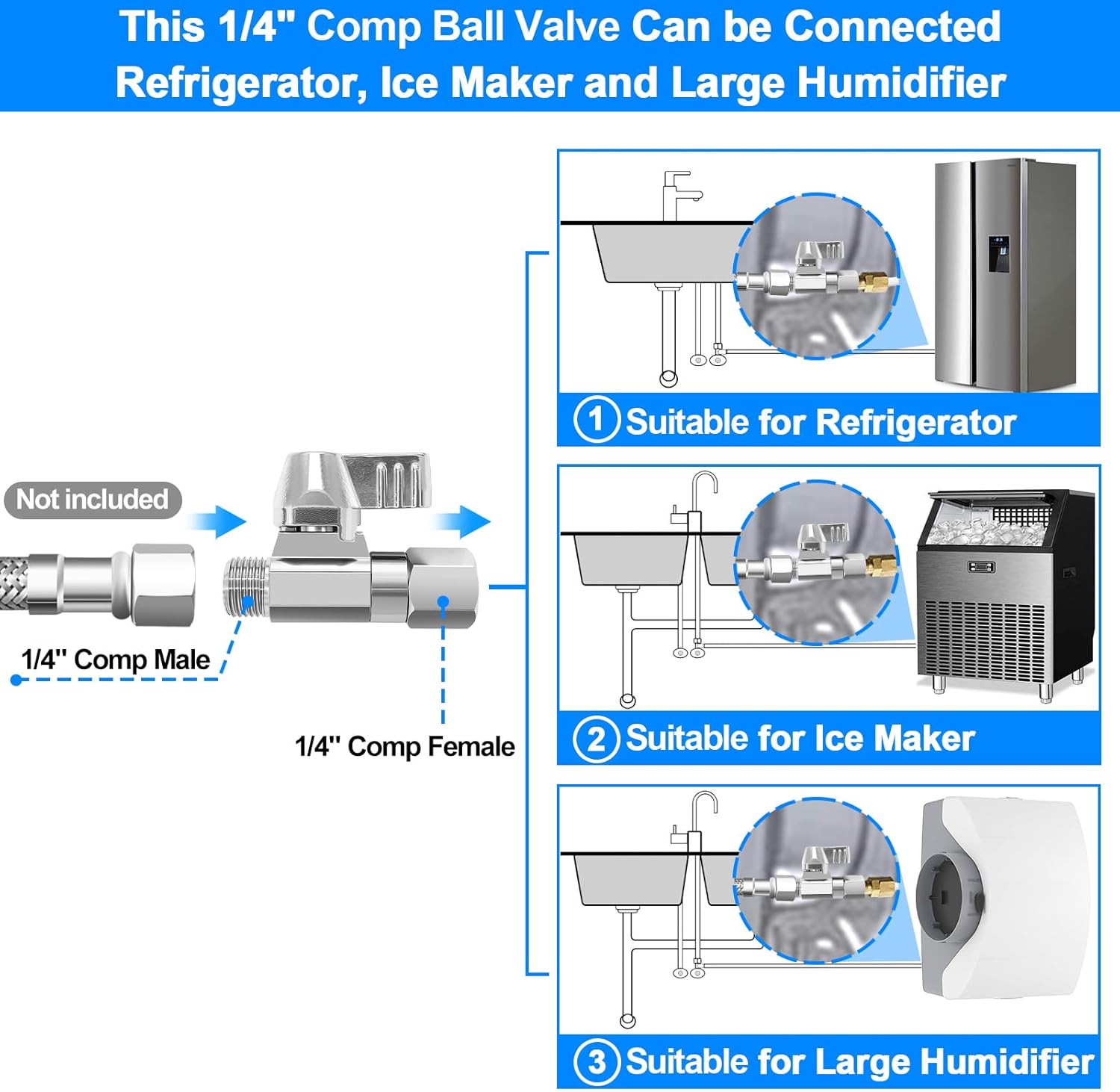 Brass Ball Valve - 1/4" Comp Thread,for Refrigerator,Ice Maker(1Pcs) | 1/4" Comp Female Swivel x 1/4" Comp Male Shut