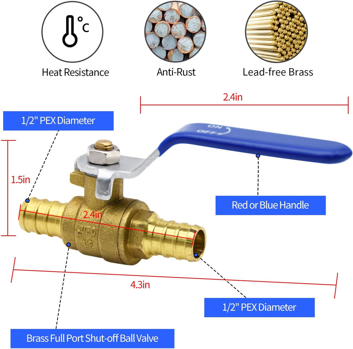 4pcs 1/2" PEX Brass Full Port Shut Off Ball Valve, HOT (RED) COLD (BLUE)