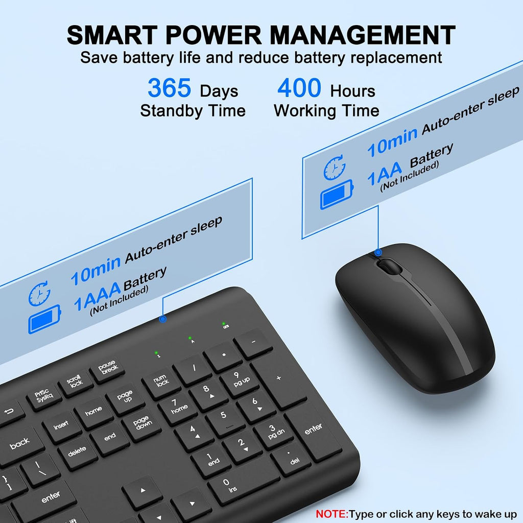 Wireless Keyboard and Mouse Combo, Full-Size Silent Ergonomic Keyboard and Optical Mouse, Long Battery Life, 2.4GHz
