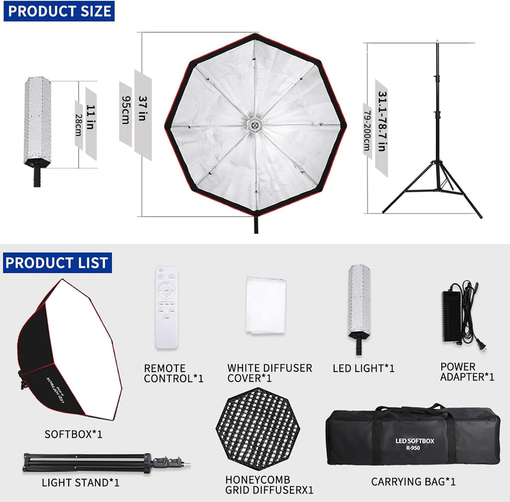 110W Octagonal Parabolic Softbox Lighting Kit with Honeycomb Grid | 37.4 " Large Soft Box with Remote Control/Stand