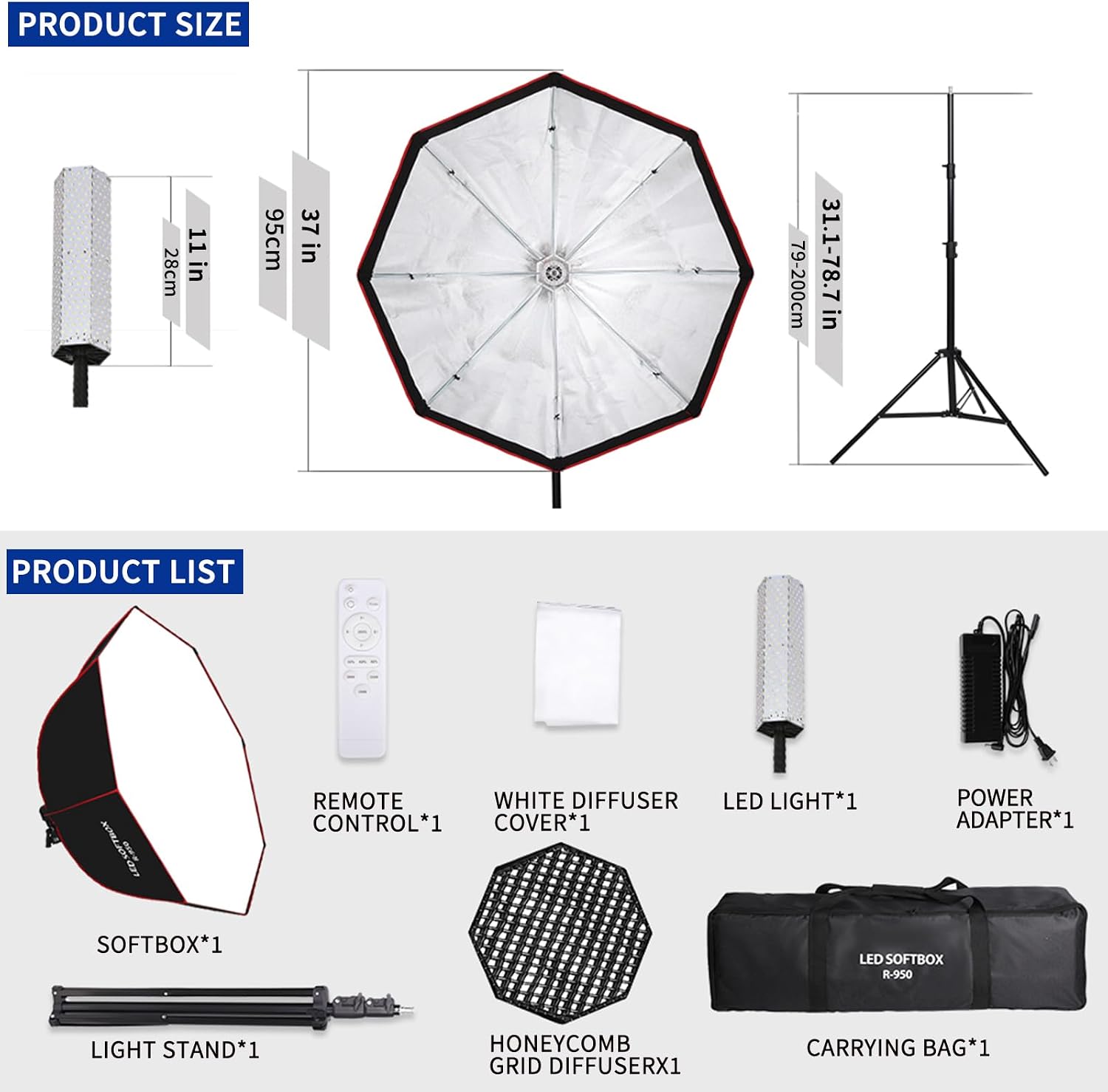 110W Octagonal Parabolic Softbox Lighting Kit with Honeycomb Grid | 37.4 " Large Soft Box with Remote Control/Stand