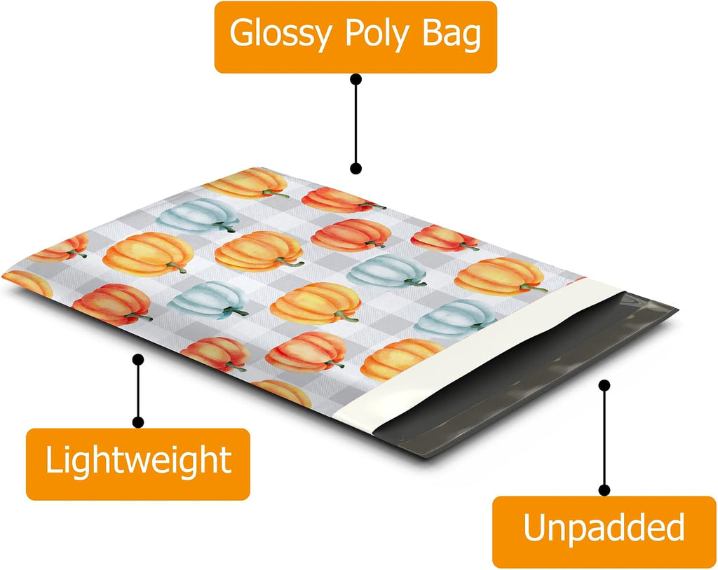 10x13 (100) Fall Pumpkin Designer Poly Mailers Waterproof Self Sealing Tear Resistant Polymailers Shipping Envelopes