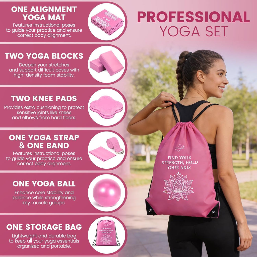 Foldable Yoga Mat and Blocks Set for Women with 2 Pack Yoga Blocks and Strap,Thin Non Slip Pilates Mat with Bag, Home
