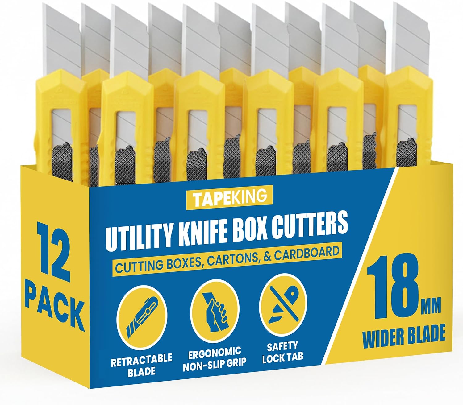 Utility Knife Set (12 Pack) | 18mm Wide Blade Box Cutter | Retractable Design, Compact And Versatile for Home