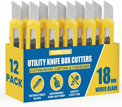 Utility Knife Set (12 Pack) | 18mm Wide Blade Box Cutter | Retractable Design, Compact And Versatile for Home