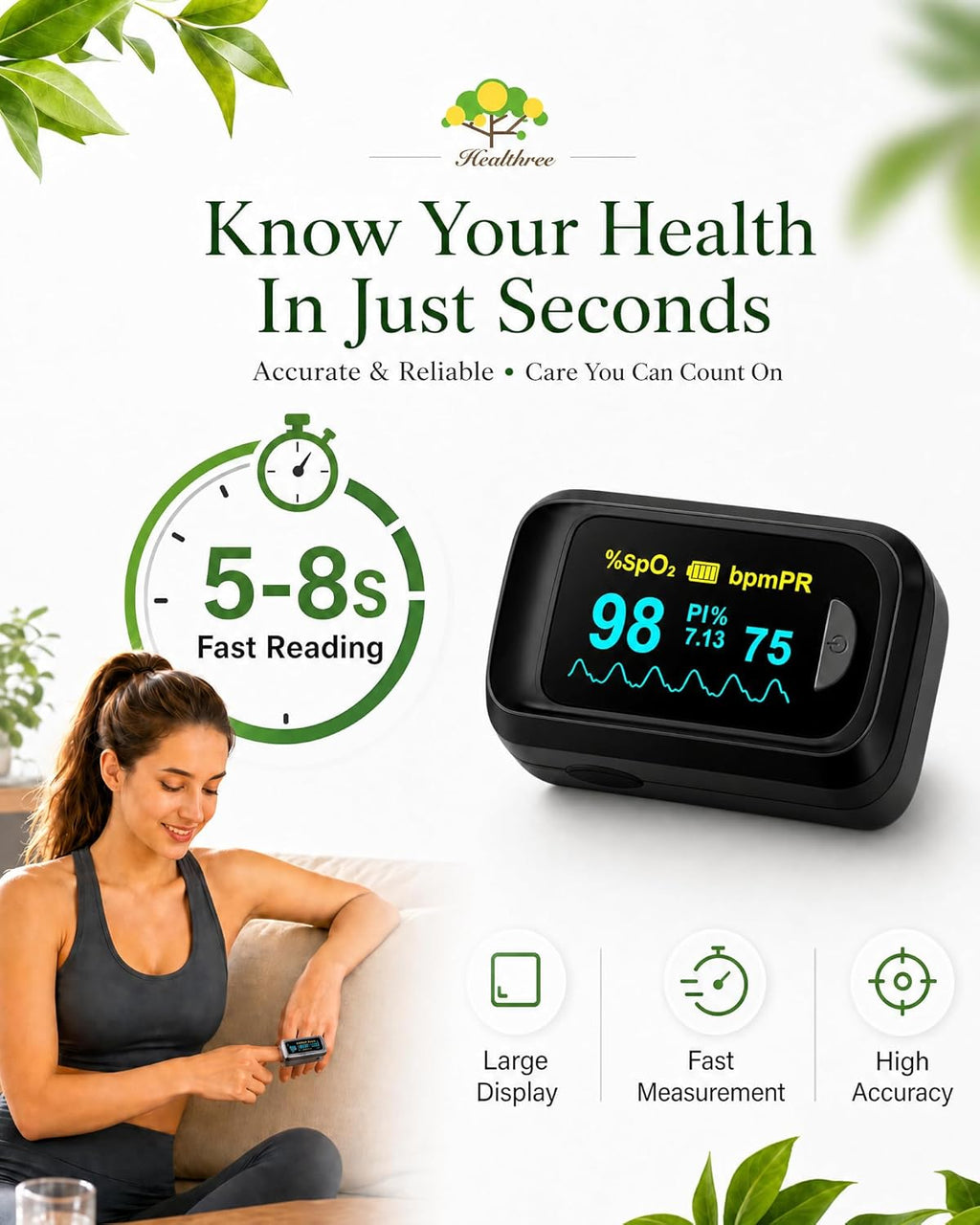 JKS50B Pulse Oximeter Fingertip - Blood Oxygen monitor Fingertip with Perfusion Index, Fast 5-8s Reading, Large OLED
