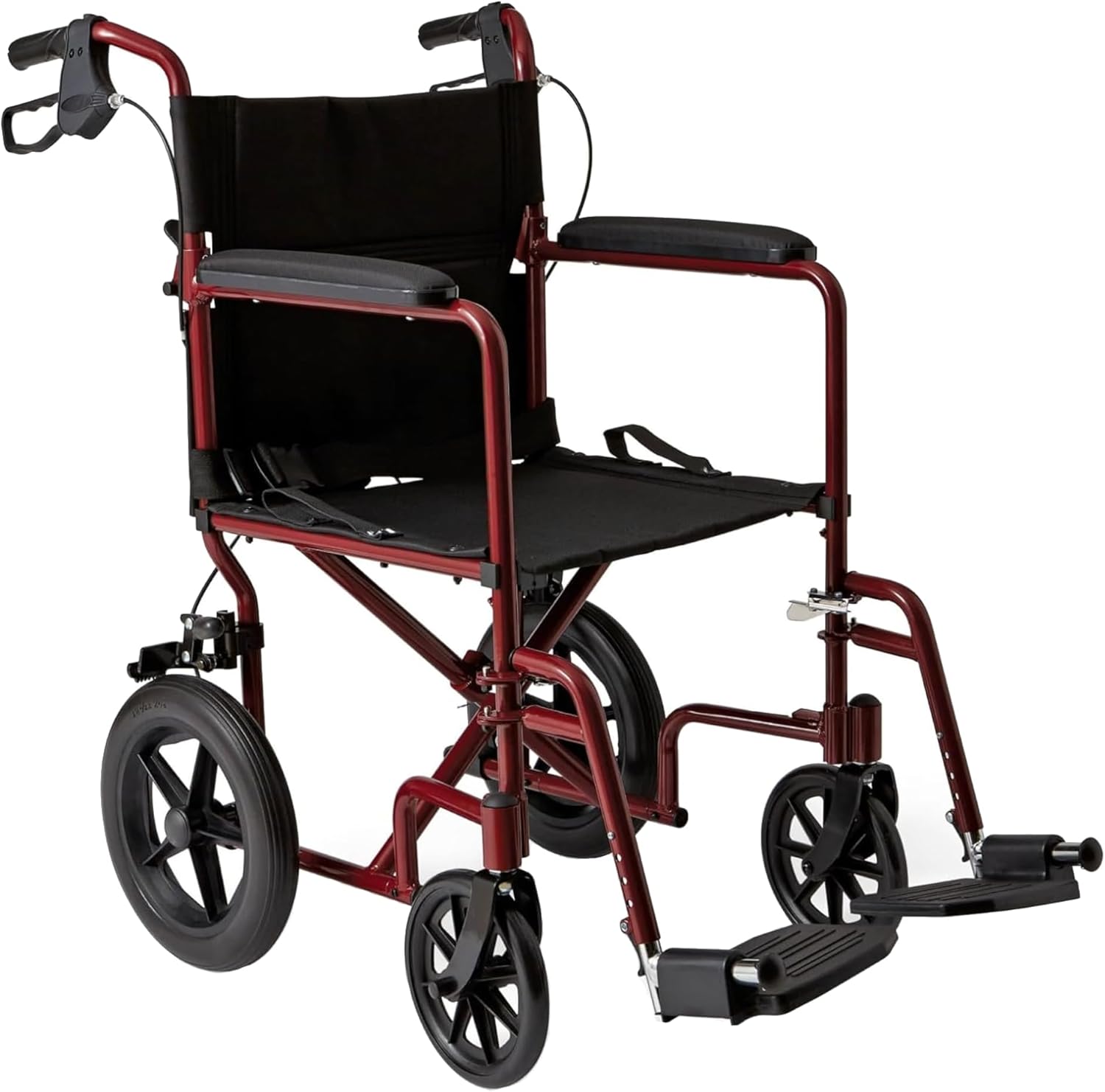 Lightweight Foldable Transport Wheelchair with Handbrakes and 12-Inch Wheels, Red Frame, Black Upholstery