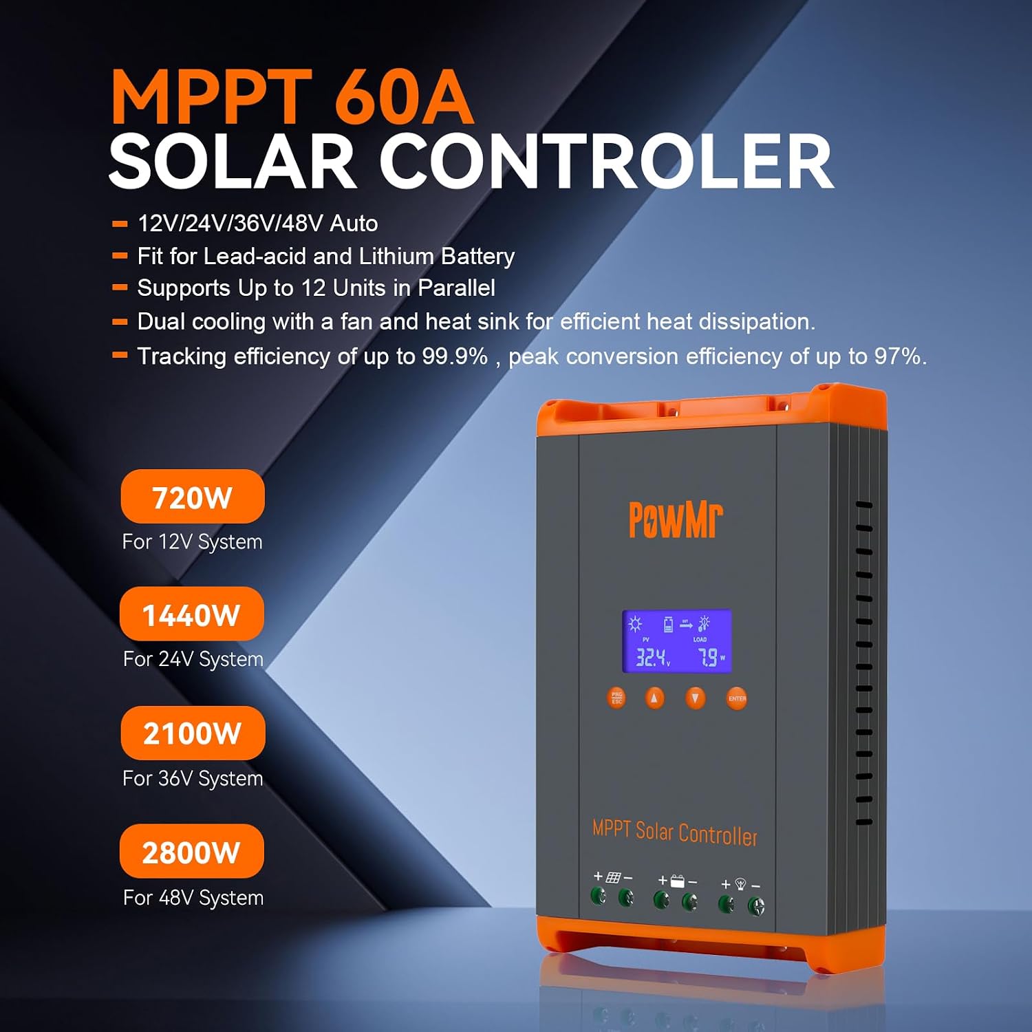 PowMr 60A MPPT Solar Charge Controller 12V/24V/48V, Solar Charge Controller 60Amp w/ LCD Display, Support 12(Max)