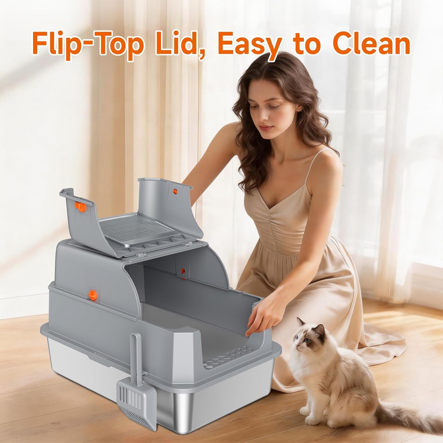 Stainless Steel Litter Box with Lid, High Sided Enclosed Metal Litter Box for Big Cats, Easy Cleaning Anti-Urine