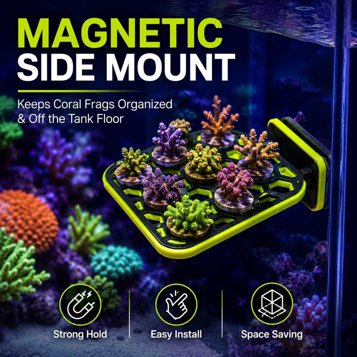 Magnetic Coral Frag Rack 3x3 Inch Reef Tank Frag Holder Compatible with Standard Coral Frag Plugs, Side Mount