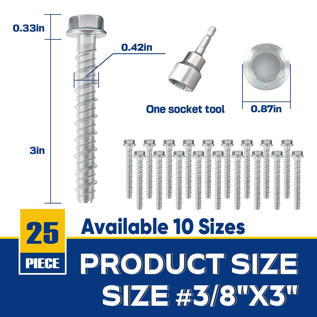 3/8" x 3" Large Diameter Concrete Screw 25 Pack - Heavy Duty Concrete Anchors, Masonry Screws for Brick, Block, Wood