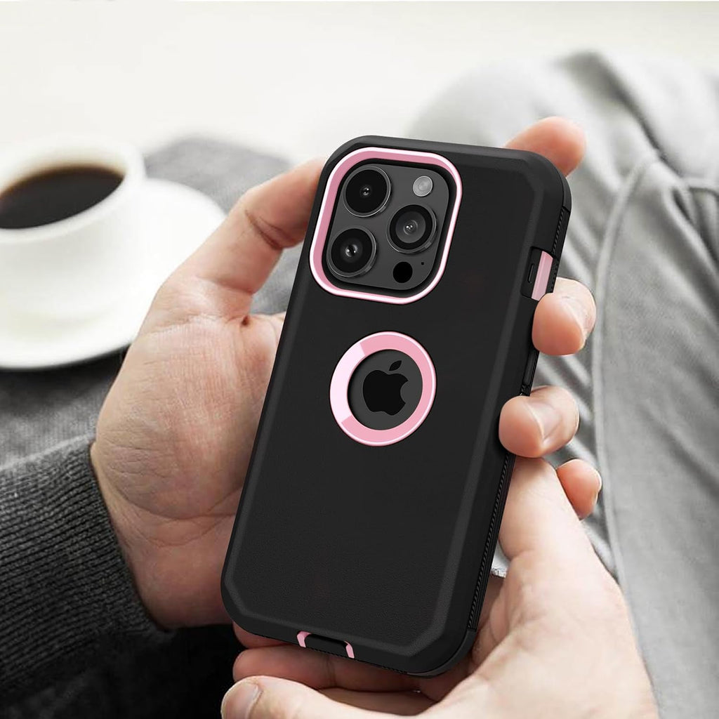 for iPhone 15 Pro Max Case Heavy Duty Drop Protection Black Pink | Drop Protection Screenless Dual Layer Shockproof
