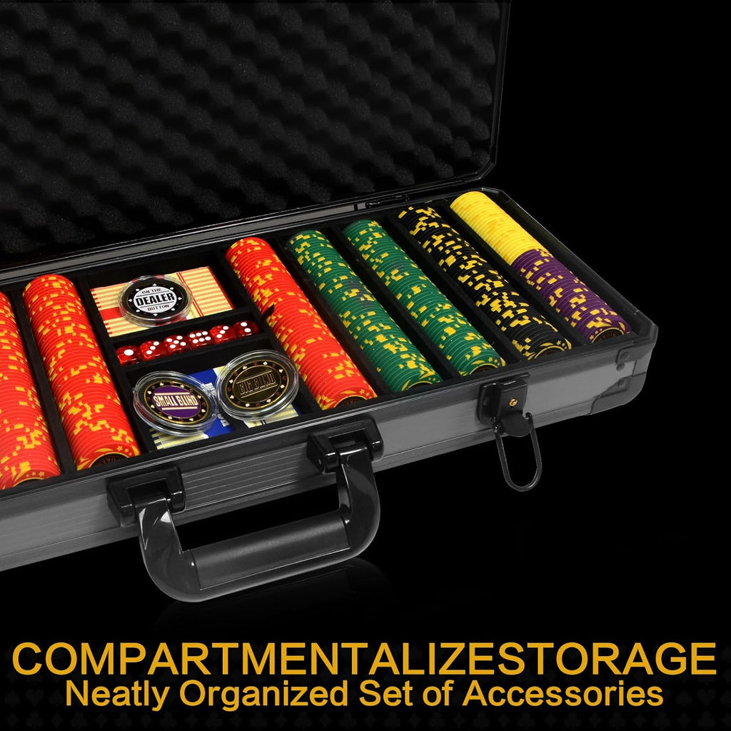 13.5 Gram Clay Poker Chip Set Texas Hold'em Casino Chips 2 Decks of Cards, Aluminum Case Dealer Buttons, for