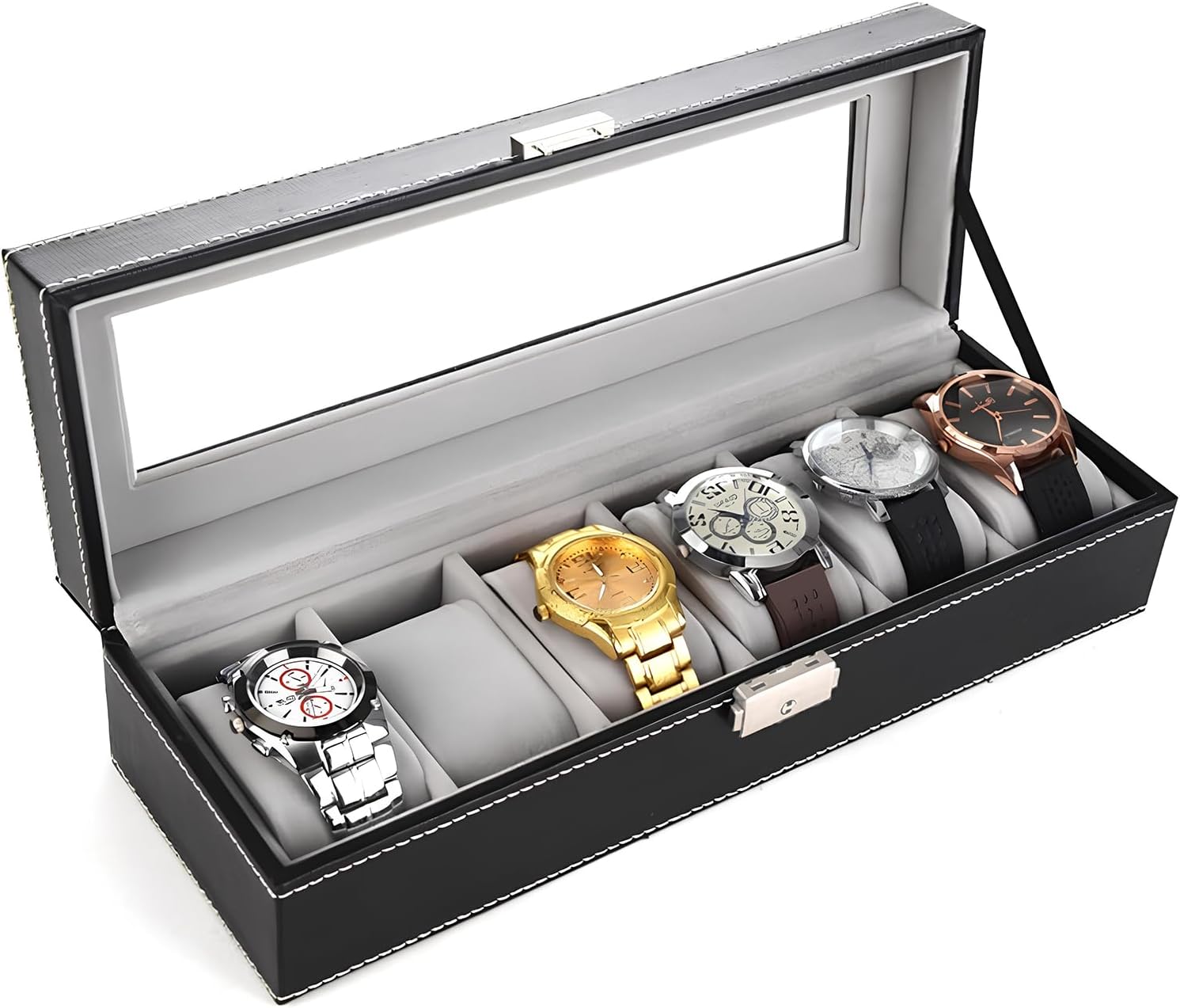 Watch Box for Men,Organizer 6 Slot Watch Display Case,Men Jewelry Box Storage Case,Lined with Soft Velvet and Holder