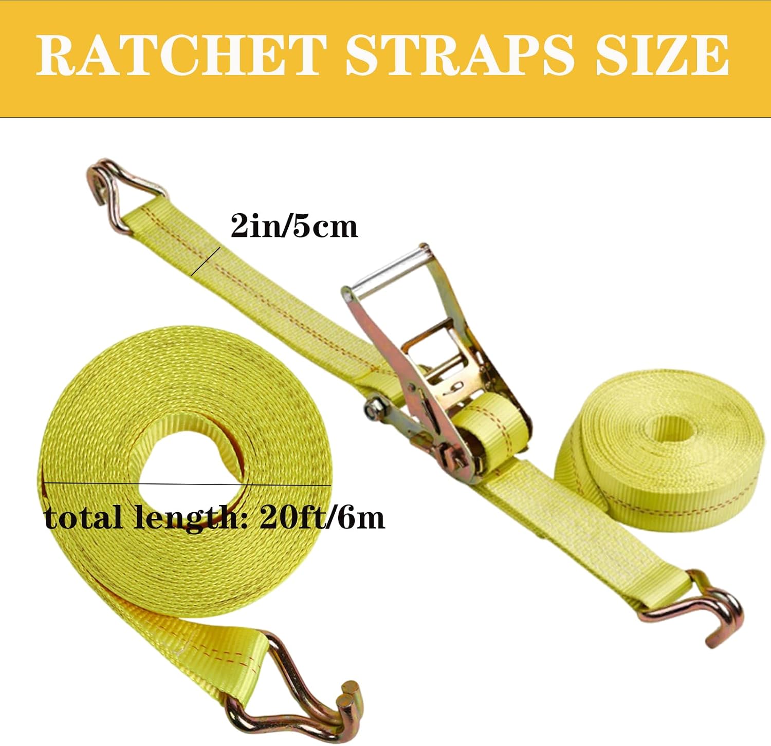 Ratchet Straps Heavy Duty, 8000 LBS Break Strength Ratchet Strap Tie Down, 2” x 20ft Black Tie-Down Ratcheting Cargo