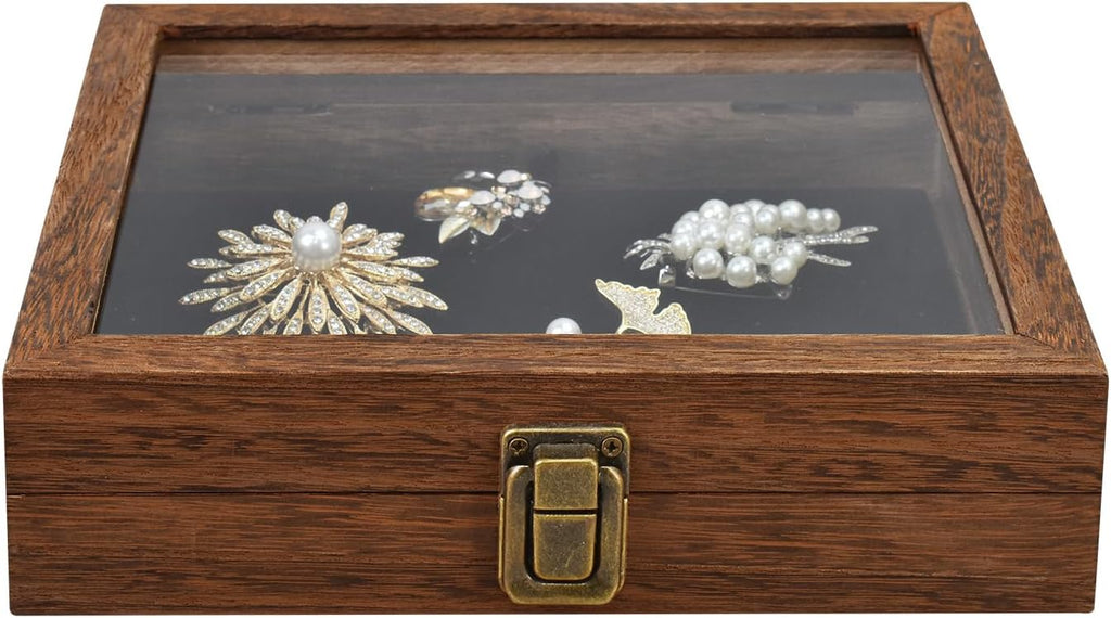 Tempered-Glass Top Small Wooden Jewelry Display Case with Removable Black Luxurious Velvet Jewelry Display Pad