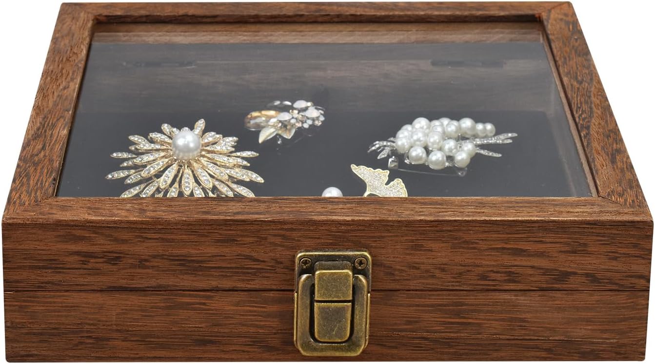Tempered-Glass Top Small Wooden Jewelry Display Case with Removable Black Luxurious Velvet Jewelry Display Pad