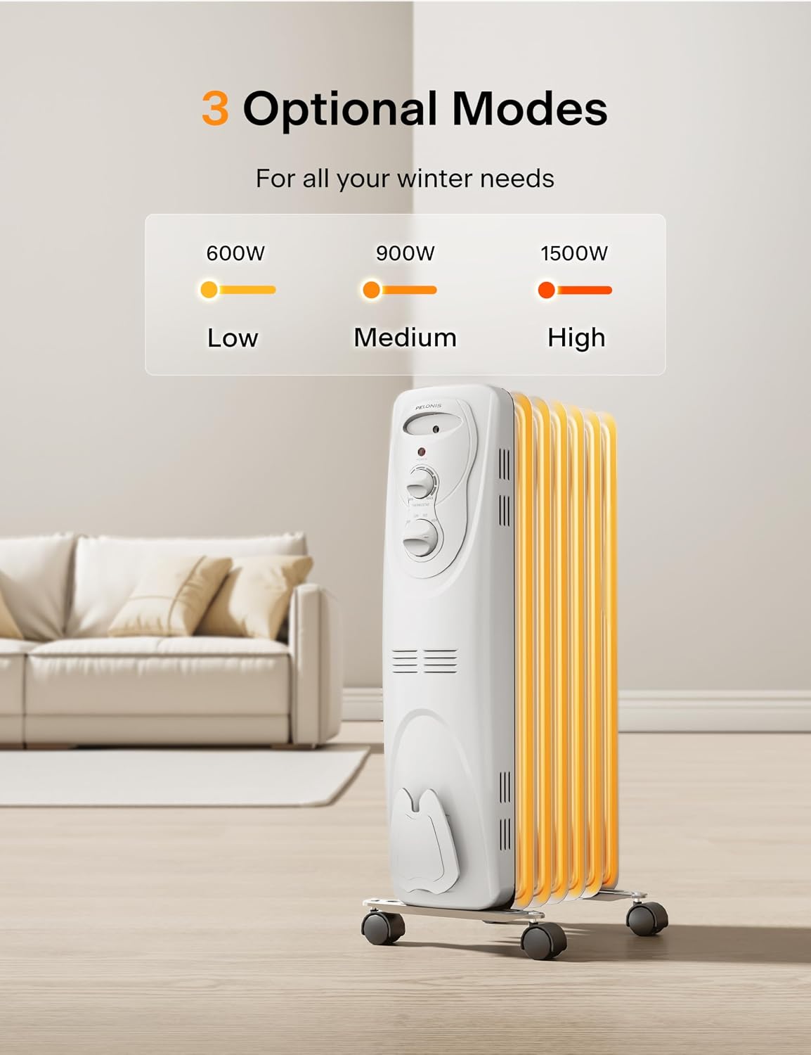 Radiator Heater for Large Space, Electric Oil Filled Radiator, Dual Knobs, 1500W, Quiet Space Heater, 3 Modes