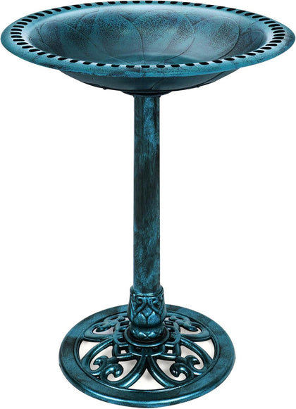 Bird Bath, 28in Outdoor Resin Pedestal - Peacock Blue