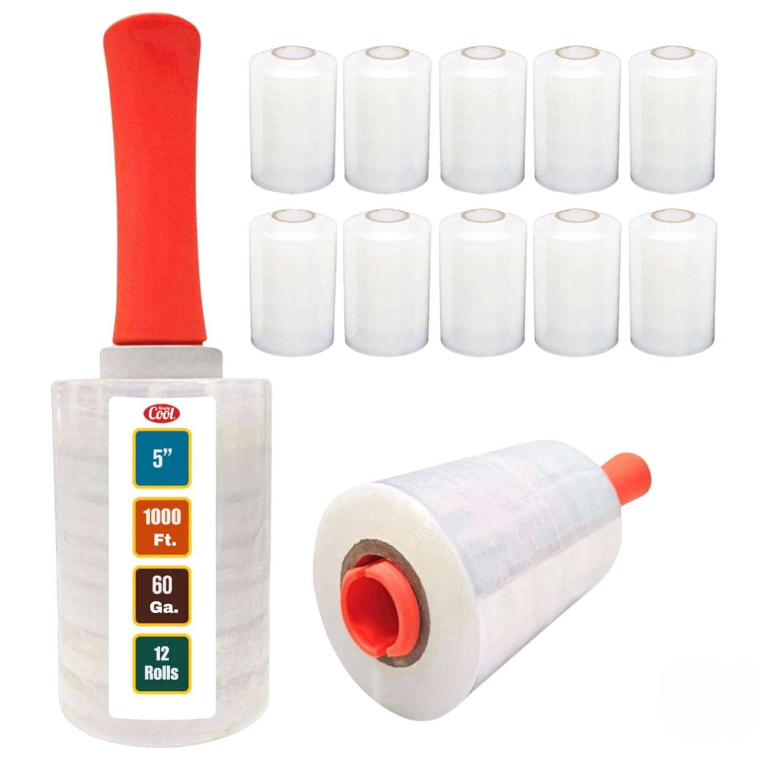 12 Pack Mini Hand Stretch Wrap 5 Inch 1000Ft 60 Gauge 2 Handles | Heavy Duty Industrial Strength Mini Shrink Wrap