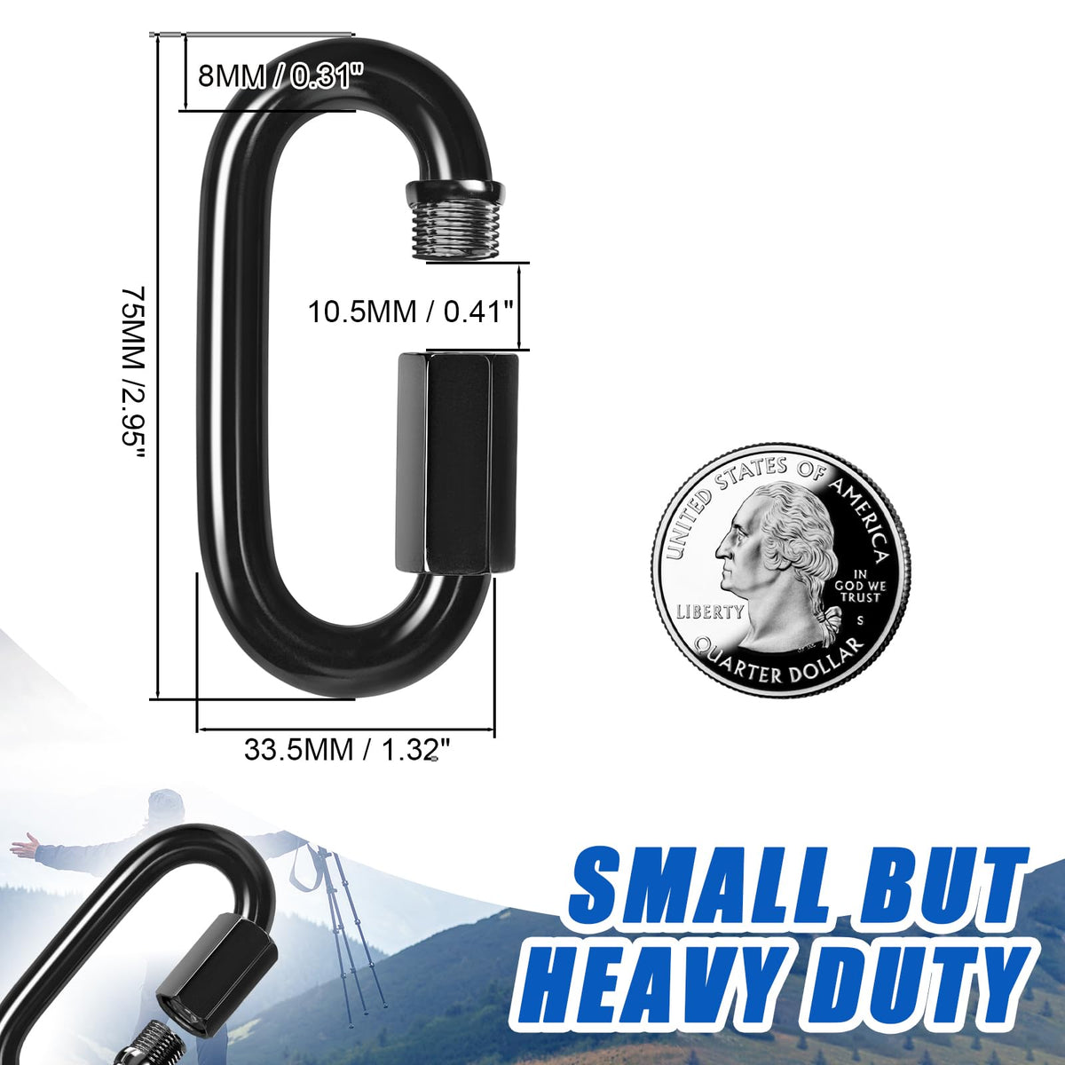 Kinlink M8 2.85" Quick Link Black Chain Connector Screw Carabiner 16 Pack