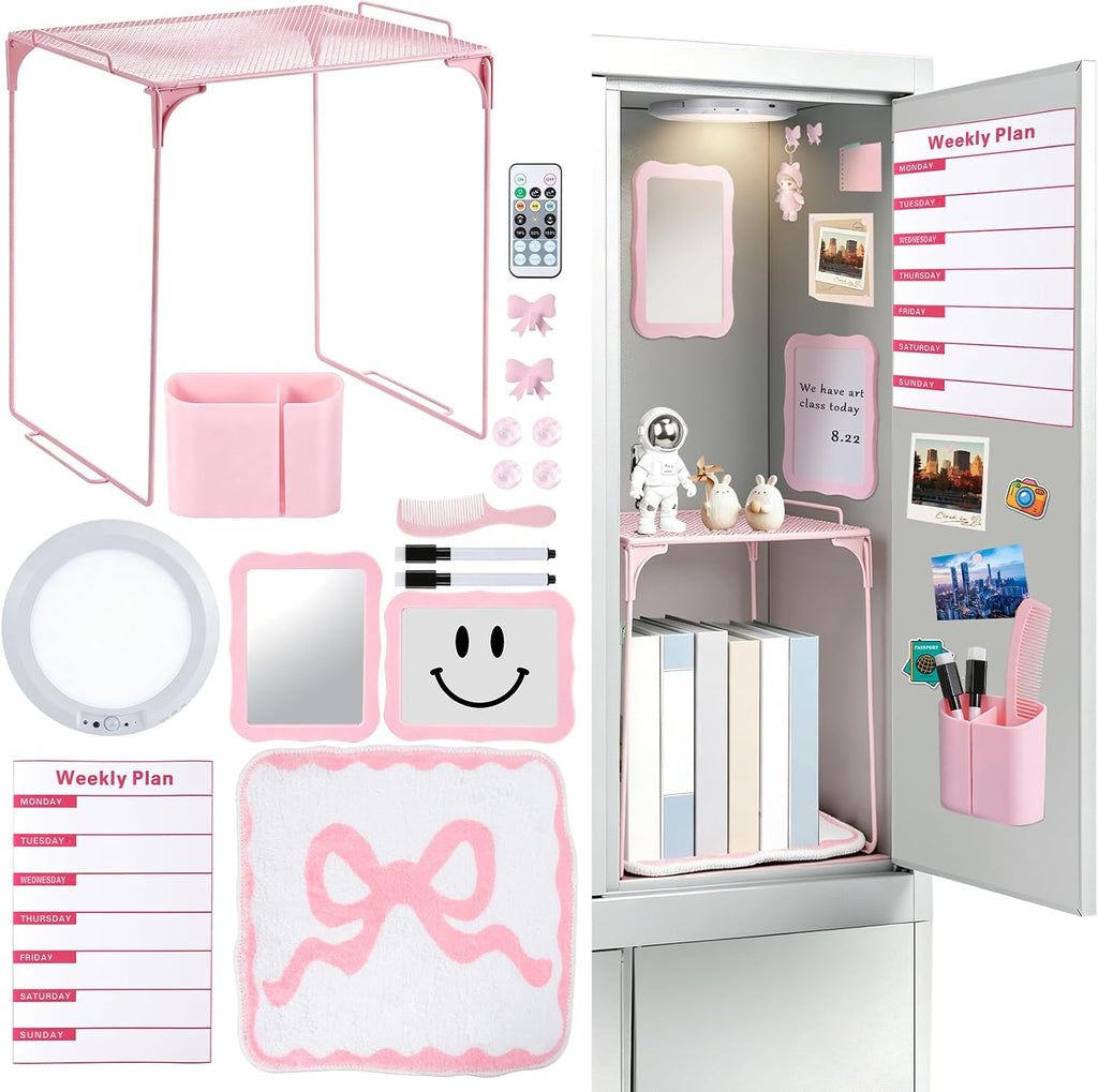 Pink Locker Accessories Kit 16PCS, School Locker Organizer Set with Shelf, Magnetic Mirror, Whiteboard Marker, Pen
