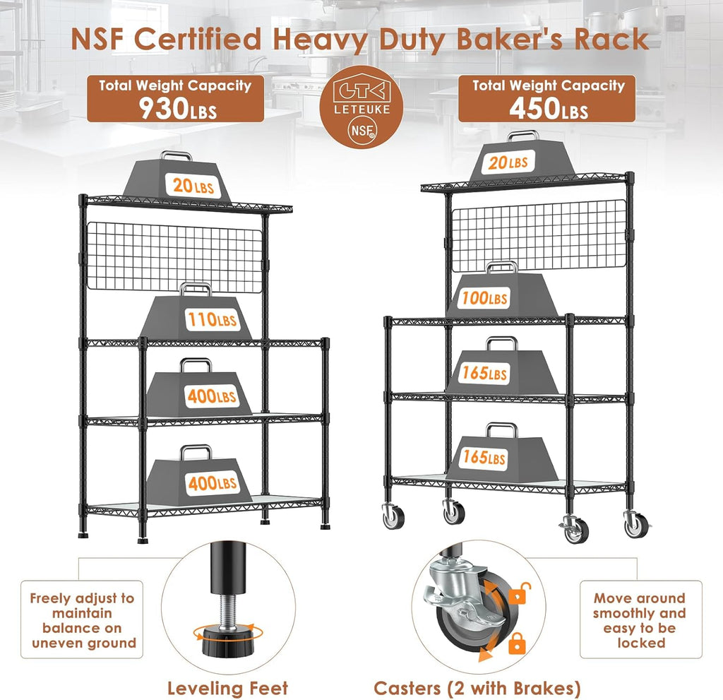 Bakers Rack with Storage & Wheels, 42In Microwave Stand Kitchen Shelves