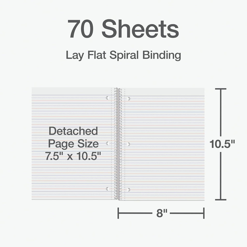 Oxford Primary Ruled Spiral Notebooks, Writing/Drawing Practice for Kids, Grades Pre-K, K-2, 70 Sheets, 8 x 10.5